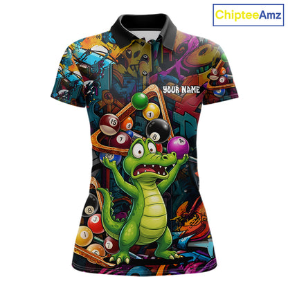 Colorful Billiard Jersey Custom Funny Dinosaur Graffiti Billiard Polo & Quarter Zip Shirts For Women TDM6566