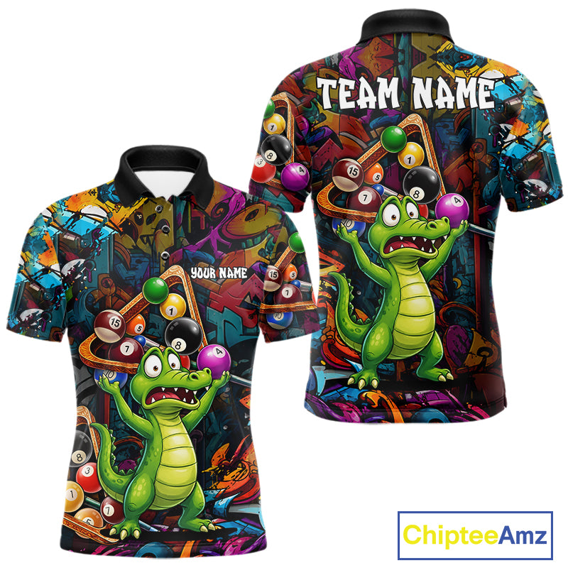 Colorful Billiard Jersey Custom Funny Dinosaur Graffiti Billiard Polo & Quarter Zip Shirts For Men TDM6566
