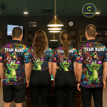 Colorful Billiard Jersey Custom Funny Dinosaur Graffiti Billiard Polo & Quarter Zip Shirts For Men TDM6566