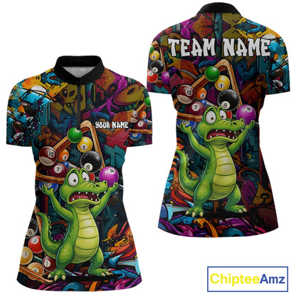 Colorful Billiard Jersey Custom Funny Dinosaur Graffiti Billiard Polo & Quarter Zip Shirts For Women TDM6566
