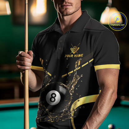 Man Wearing Personalized Black and Gold Water 8 Ball Billiard Polo Shirt with Athletic Performance Fit and Premium Water Graphic, Front View