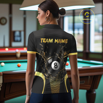 Woman Wearing Personalized Black and Blue Water 8 Ball Custom Billiard Team Jersey Featuring the Complete Rear Water Artwork, Back View