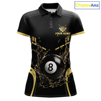 Personalized Black and Blue Billiard Water 8 Ball Pool Polo Shirt Featuring Dynamic Water Splash Artwork for Pool League Players and Team Competition