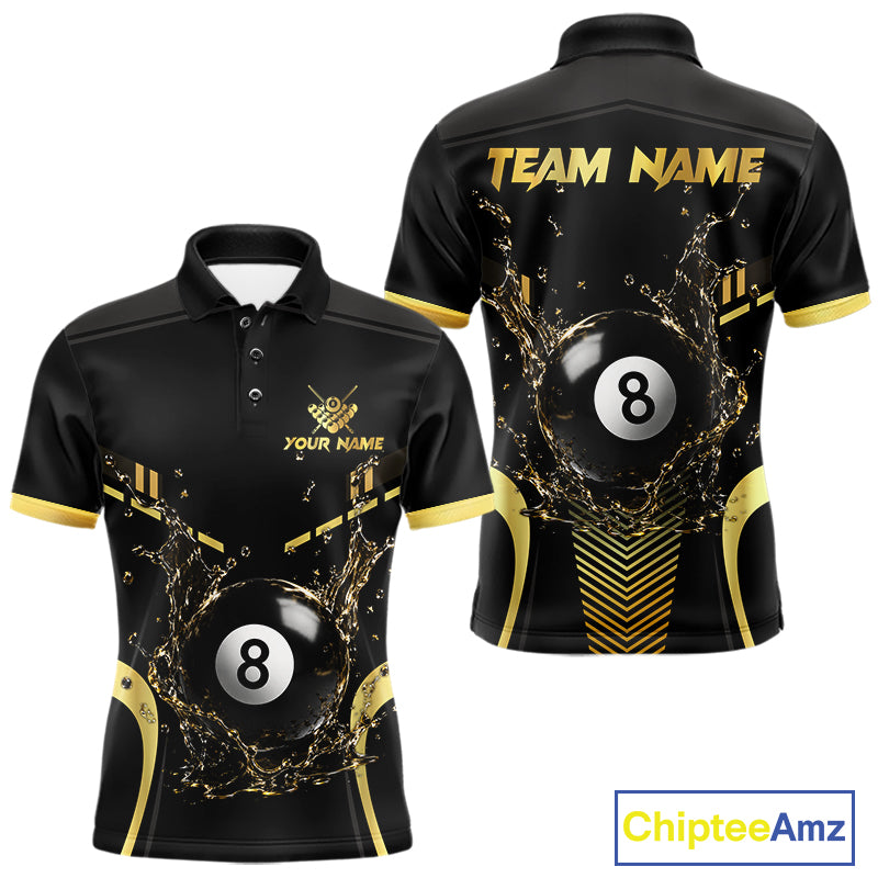 Custom Black and Gold Water 8 Ball Pool Polo Shirt Designed for Personalized Billiard Team Jerseys with Elegant Athletic Performance Style