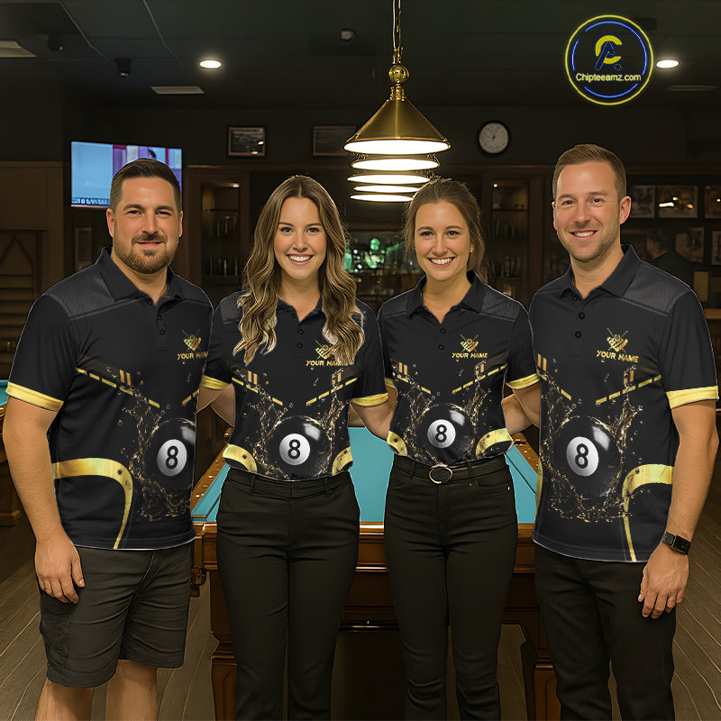 Pool Team Wearing Personalized Black and Gold Water 8 Ball Billiard Jerseys During League Competition and Team Tournament Matches, Front View