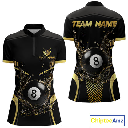 Personalized Black and Blue Water 8 Ball Quarter Zip Billiard Shirt Created for Pool League Teams with Custom Jersey Design and Performance Fabric