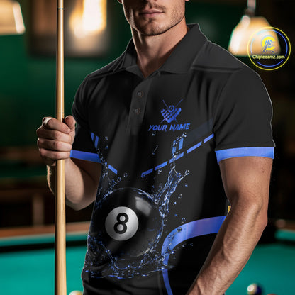 Man Wearing Personalized Black and Blue Water 8 Ball Billiard Polo Shirt with Athletic Performance Fit and Water Effect Graphic, Front View