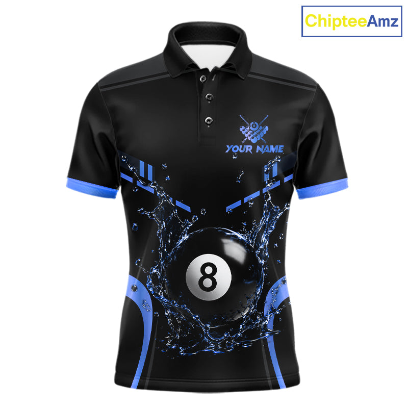 Personalized Black and Blue Billiard Water 8 Ball Pool Polo Shirt Featuring Dynamic Water Splash Artwork for Pool League Players and Team Competition