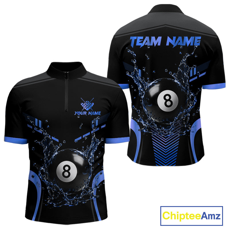 Personalized Black and Blue Water 8 Ball Quarter Zip Billiard Shirt Created for Pool League Teams with Custom Jersey Design and Performance Fabric