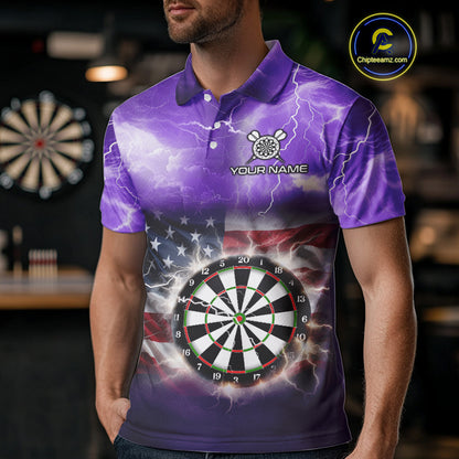 Purple American Flag Thunder Lightning Darts Shirt For Men Custom Darts Jersey Team Polo & 1/4 Zip TDM5269
