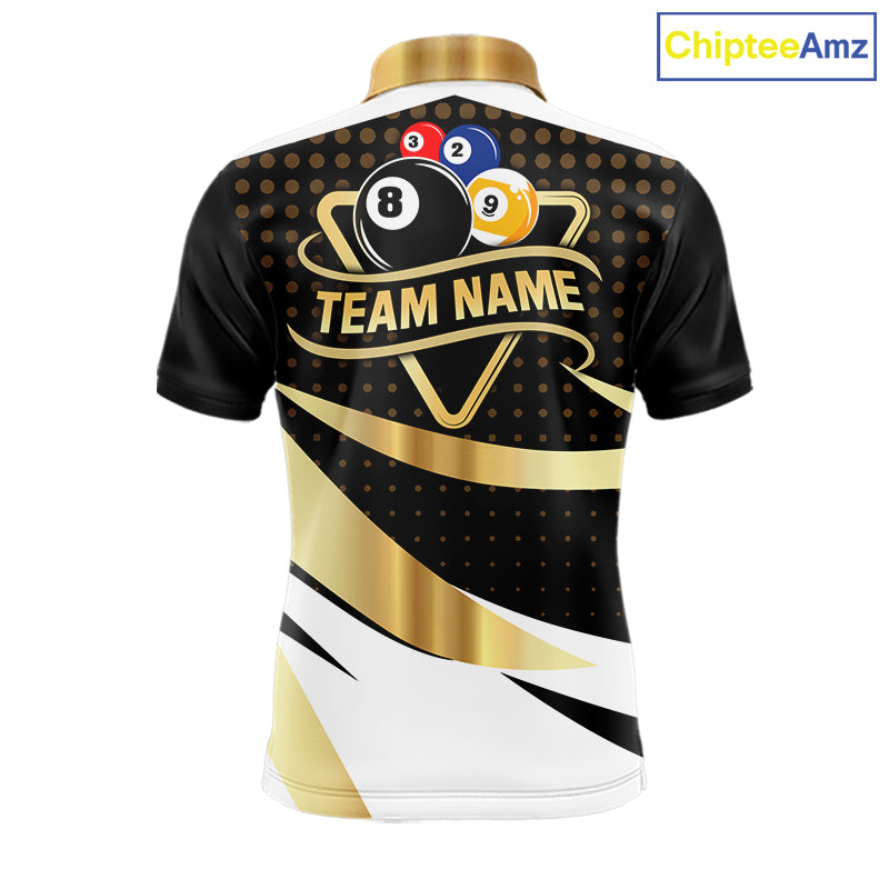 Personalized Billiard 8 Ball & 9 Ball Pool Polo, 1/4 Zip For Men Custom Team Billiard Jersey |Gold TDM6376