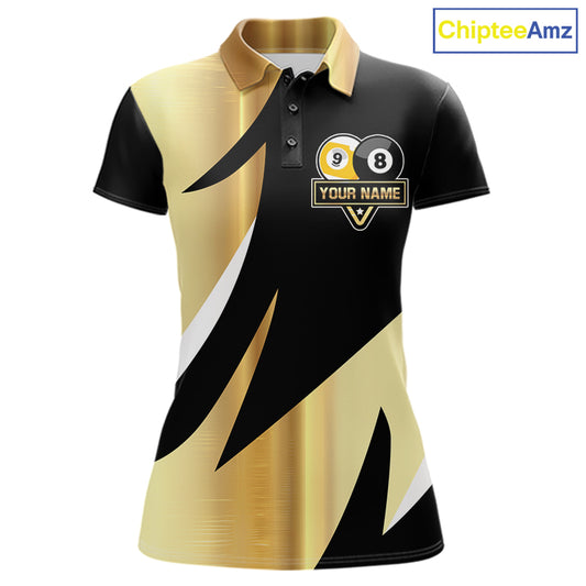 Personalized Billiard 8 Ball & 9 Ball Pool Polo, 1/4 Zip For Women Custom Team Billiard Jersey |Gold TDM6376
