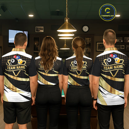 Personalized Billiard 8 Ball & 9 Ball Pool Polo, 1/4 Zip For Men Custom Team Billiard Jersey |Gold TDM6376