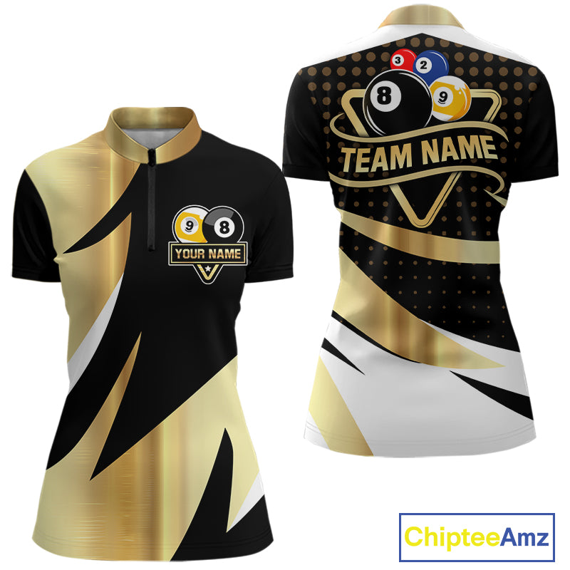 Personalized Billiard 8 Ball & 9 Ball Pool Polo, 1/4 Zip For Women Custom Team Billiard Jersey |Gold TDM6376