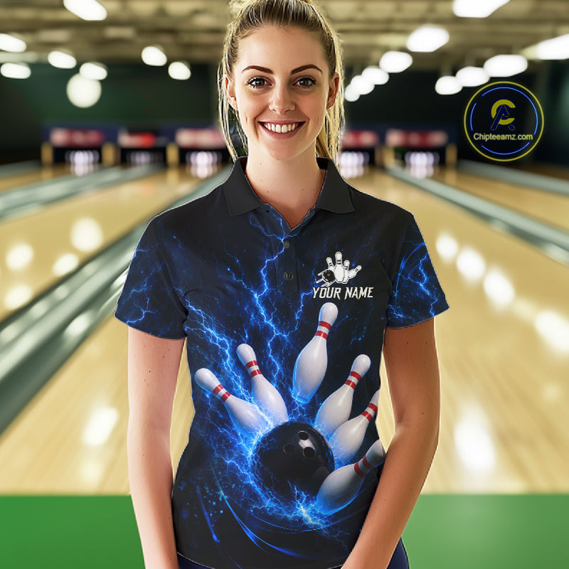 Personalized Blue Thunder Lightning Bowling Jersey For Women, Bowling League Shirts Polo & 1/4 Zip TDM6573