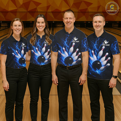 Personalized Blue Thunder Lightning Bowling Jersey For Men, Bowling League Shirts Polo & 1/4 Zip TDM6573