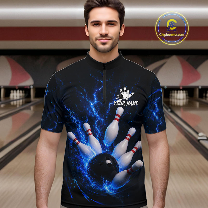 Personalized Blue Thunder Lightning Bowling Jersey For Men, Bowling League Shirts Polo & 1/4 Zip TDM6573