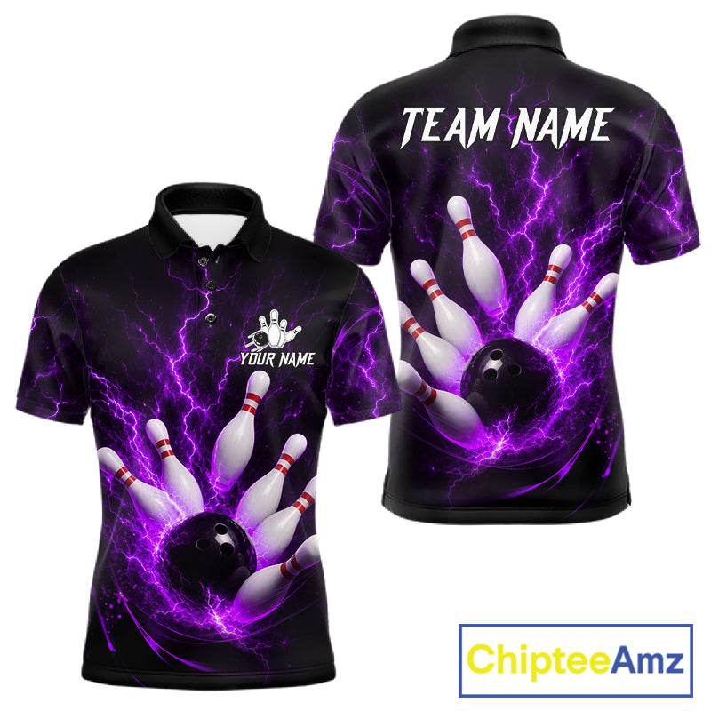 Personalized Purple Thunder Lightning Bowling Jersey For Men, Bowling League Shirts Polo & 1/4 Zip TDM6574