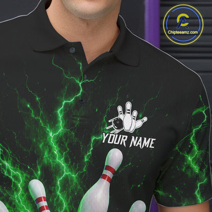Personalized Green Thunder Lightning Bowling Jersey For Men, Bowling League Shirts Polo & 1/4 Zip TDM6575