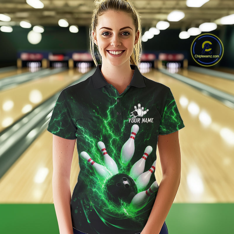 Personalized Green Thunder Lightning Bowling Jersey For Women, Bowling League Shirts Polo & 1/4 Zip TDM6575