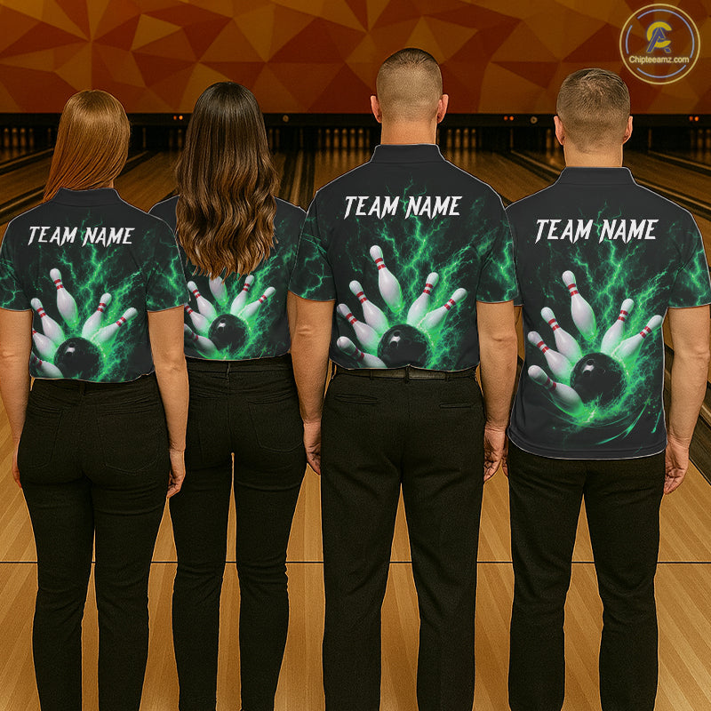 Personalized Green Thunder Lightning Bowling Jersey For Men, Bowling League Shirts Polo & 1/4 Zip TDM6575