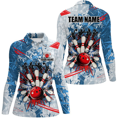 Blue camo Women Bowling Polo, Quarter Zip Shirts Custom bowling team league jerseys, gift for bowlers NQS7869
