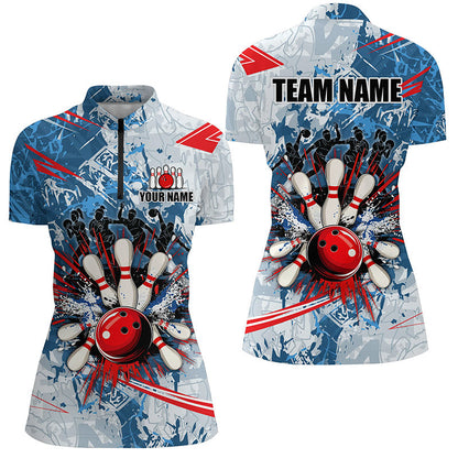 Blue camo Women Bowling Polo, Quarter Zip Shirts Custom bowling team league jerseys, gift for bowlers NQS7869