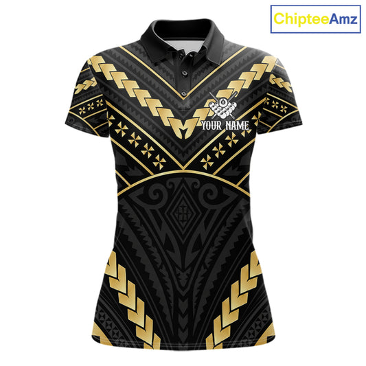 Black and gold 8 ball tribal billiard polo shirt for women with custom pool team graphics.