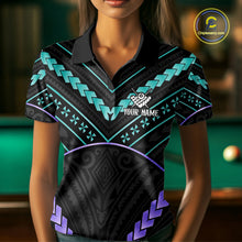 Load image into Gallery viewer, Back view of woman wearing a teal and purple 8 ball tribal pool shirt in a billiards hall.