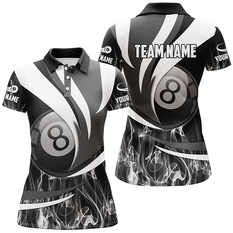 Personalized Black Grey 8 Ball Pool Fire Smoke Billiard Shirts For Women, 8 Ball Billiard Team Jersey TDM2302