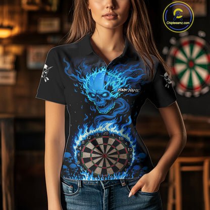 Blue Flaming Skull Darts Shirt For Women Custom Darts Jersey Team Polo & Quarter Zip TDM5054