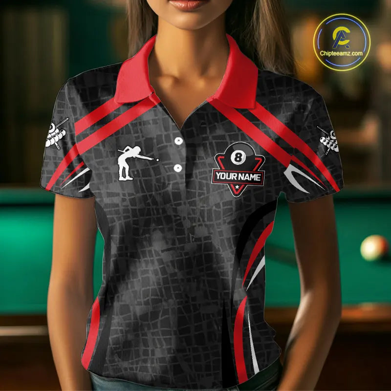 Black And Red 8 Ball Flame Billiard Shirt For Women Custom Pool Team Shirt, Billiard Jersey TDM5790