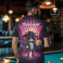 Load image into Gallery viewer, Back view of man wearing a pink graffiti cat 9 ball pool shirt in a billiards hall.