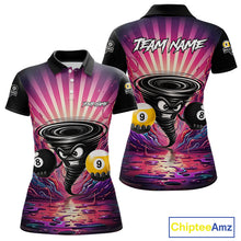 Load image into Gallery viewer, Pink graffiti tornado 8 ball and 9 ball billiard polo shirt for women with custom pool team graphics.