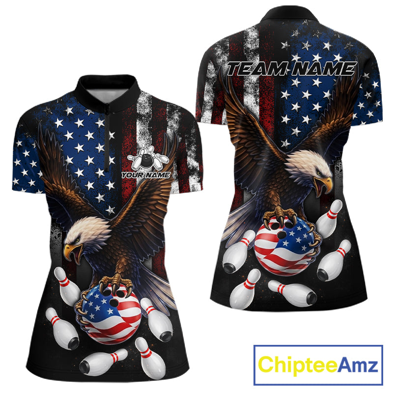 Personalized American flag eagle bowling team jersey quarter zip shirt for women featuring patriotic eagle American flag artwork, premium custom bowling apparel.