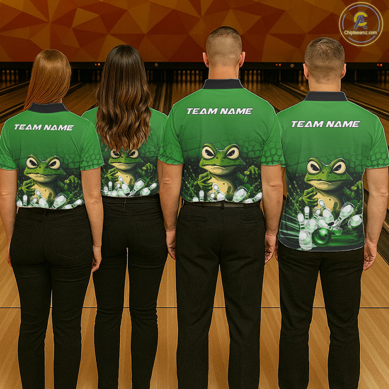 Bowling team wearing matching personalized green funny frog bowling team jerseys, back view.