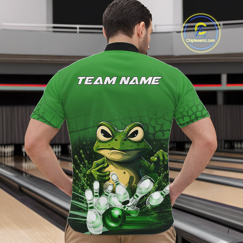 Man wearing personalized green funny frog bowling team jersey quarter zip shirt featuring funny frog artwork, back view.