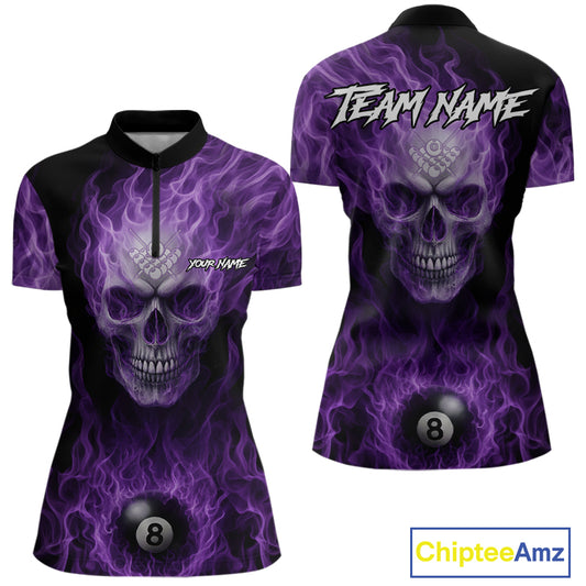 Purple Flaming Skull 8 Ball Fire Billiard Shirt For Women Custom Billiard Team Jersey Polo & 1/4 Zip TDM5062