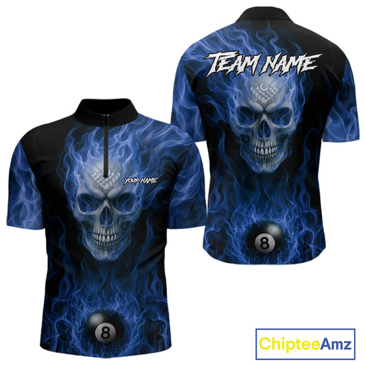 Blue Flaming Skull 8 Ball Fire Billiard Shirt For Men Custom Billiard Team Jersey Polo & 1/4 Zip TDM5063