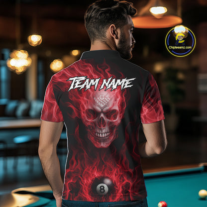 Red Flaming Skull 8 Ball Fire Billiard Shirt For Men Custom Billiard Team Jersey Polo & 1/4 Zip TDM5064