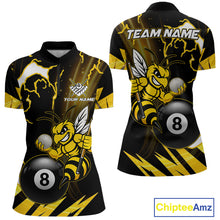 Load image into Gallery viewer, Yellow black funny bee thunder lightning 8 ball quarter zip billiard shirt for women, custom pool team jersey and tournament apparel.