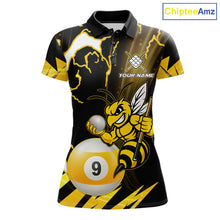 Load image into Gallery viewer, Yellow black funny bee thunder lightning 9 ball custom billiard polo shirt for women, personalized pool team jersey for tournaments.