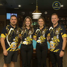 Load image into Gallery viewer, Pool team wearing matching yellow black funny bee thunder lightning 9 ball custom billiard jerseys during tournament competition front view.