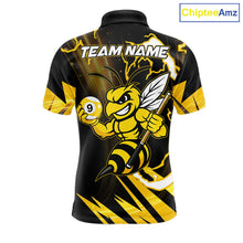 Load image into Gallery viewer, Yellow black funny bee 8 ball and 9 ball pool team polo shirt with custom billiard graphics, personalized billiard team jersey.