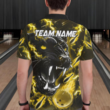 Load image into Gallery viewer, Back view of man wearing a yellow flame panther bowling polo shirt, custom bowling team jersey design.
