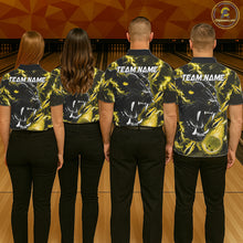 Load image into Gallery viewer, Back view of bowling team wearing matching yellow flame panther bowling league jerseys.