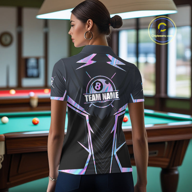 Woman Wearing Holographic 8 Ball Pool Custom Billiard Team Jersey Featuring the Complete Rear Holographic Artwork, Back View