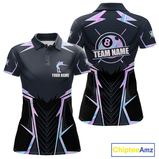 Holographic 8 Ball Pool Billiard Polo Shirt Featuring Vibrant Iridescent Artwork for Custom Team Jerseys, League Competition, and Tournament Events