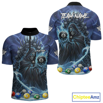 Blue Grim Reaper Lightning Billiard Shirt For Men Custom 8 Ball Pool Jersey Team Polo & 1/4 Zip TDM5292