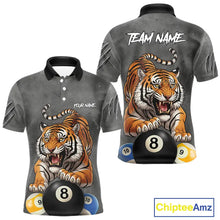 Load image into Gallery viewer, Funny Tiger 8 Ball, 9 Ball &amp; 10 Ball Billiard Shirt For Men Custom Pool Team Jersey | Grey TDM5540